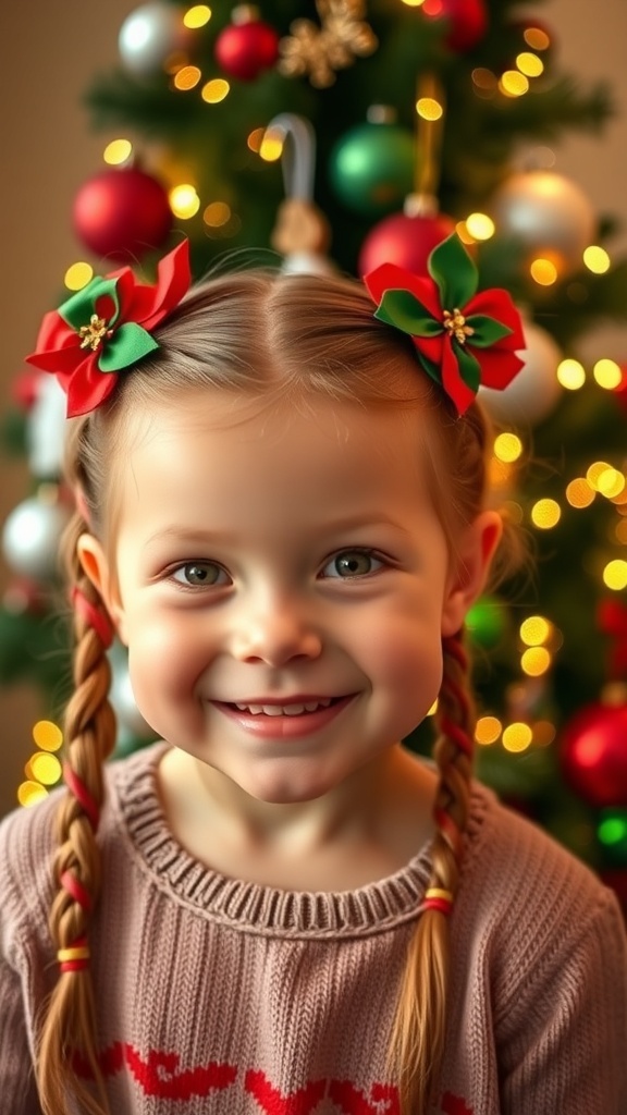 A child with red and green braided pigtails, festive clips, and a Christmas tree in the background.